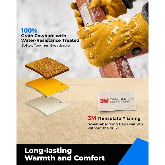 Men's 100% Grain Cowhide with Warm Thinsulate Lining Leather Winter Work Gloves - Picture 2 of 8